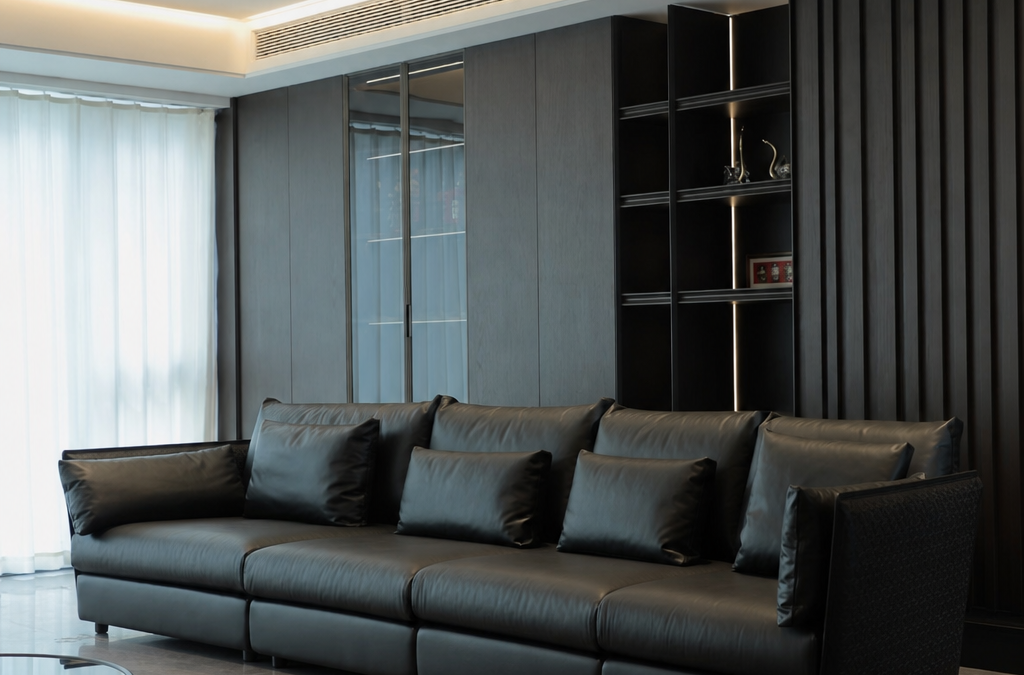 Full custom leather sofa in high-end apartment living room