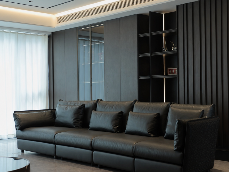 Full custom leather sofa in high-end apartment living room
