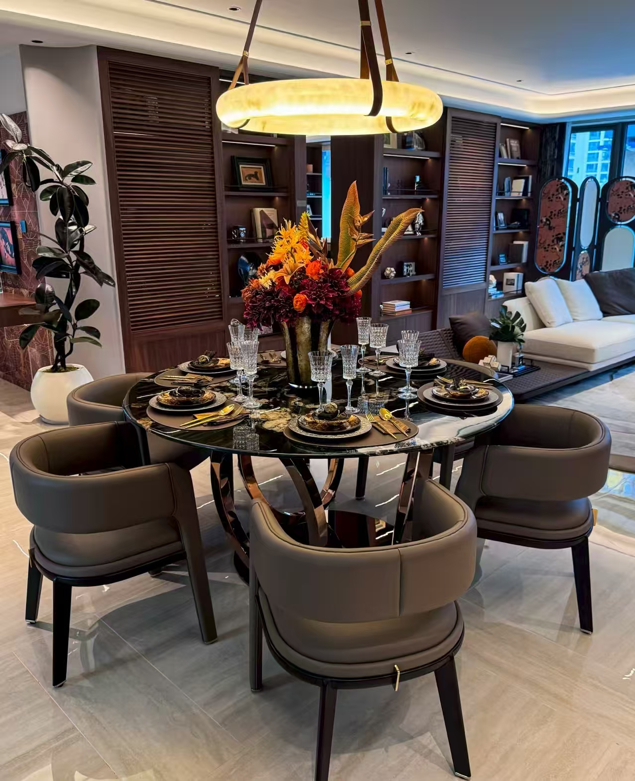 custom marble dining table and chandelier for luxury villa interior