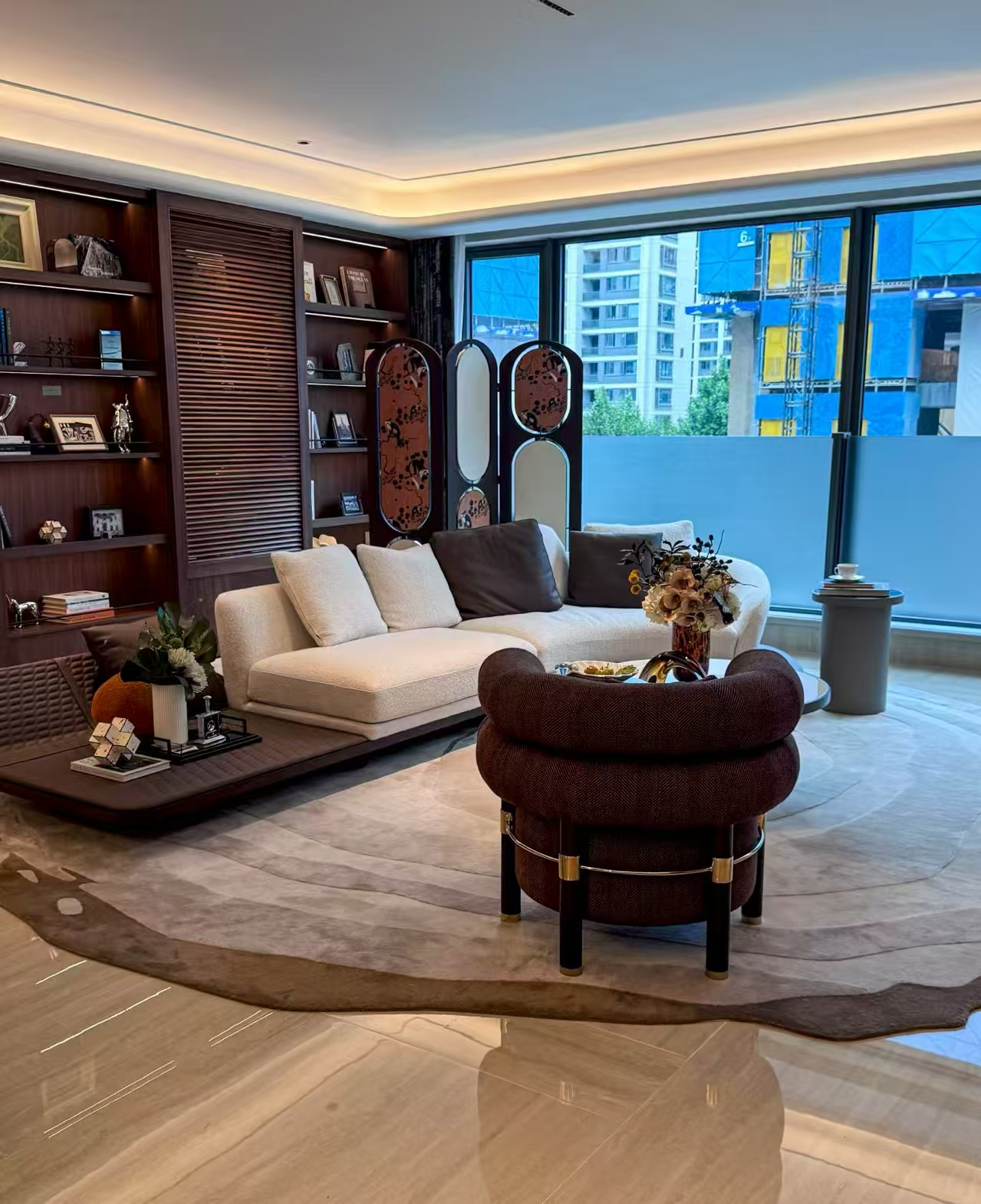 custom villa living room sofa lounge chair and wood storage