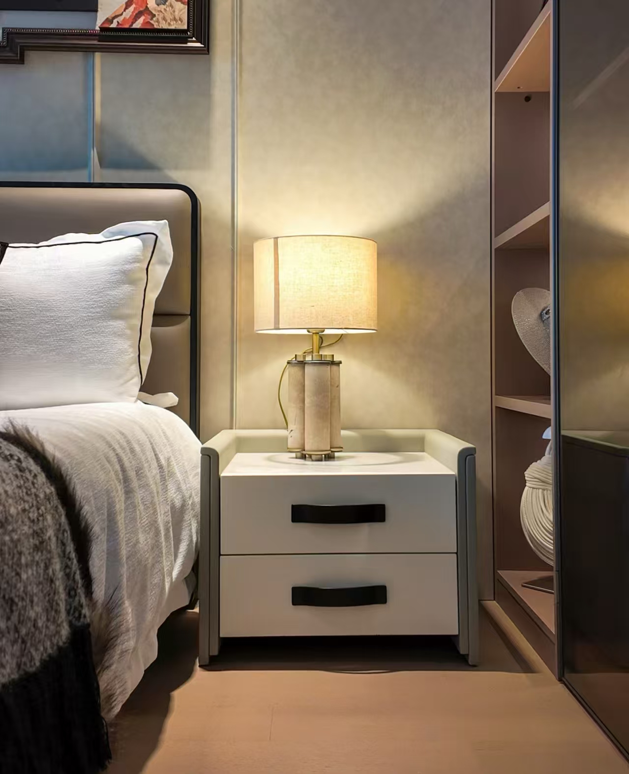 bespoke bedside table and decorative table lamp