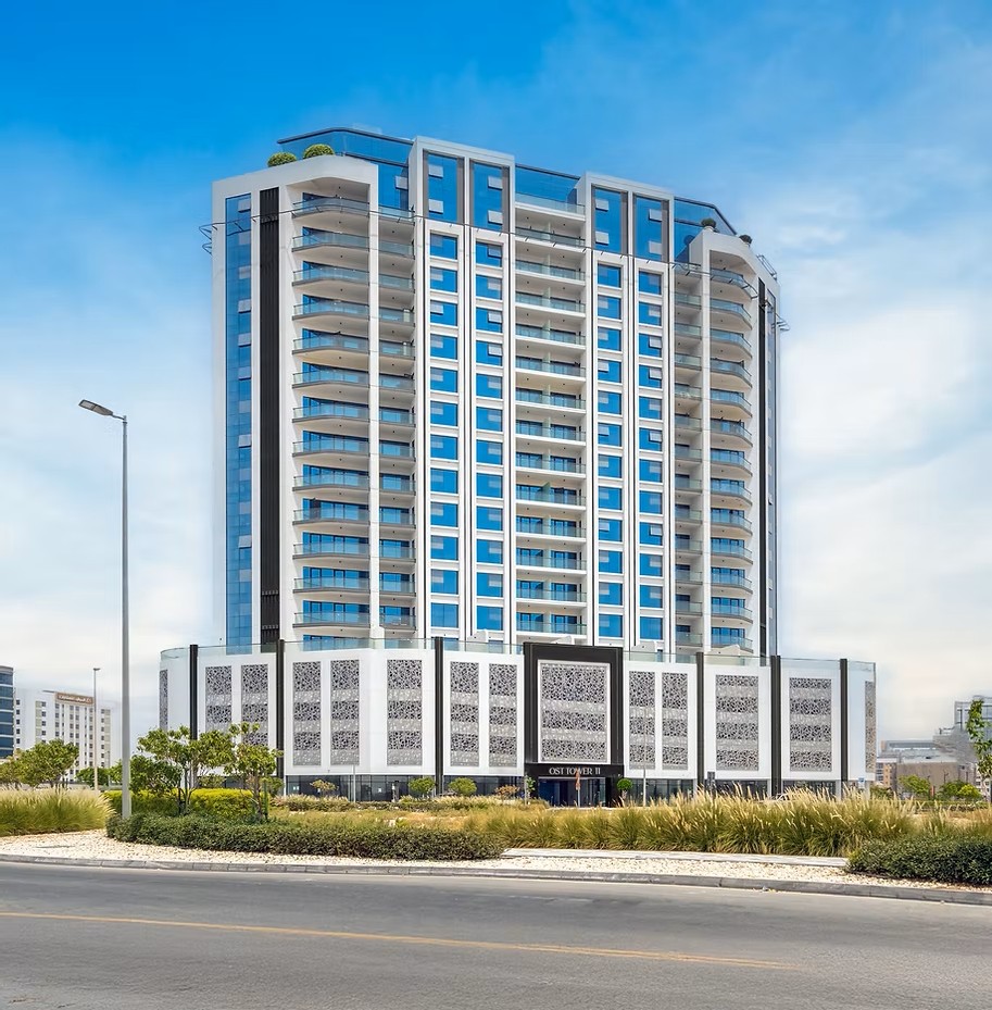 Exterior view of OST Tower 11 residential building in Dubai Majan